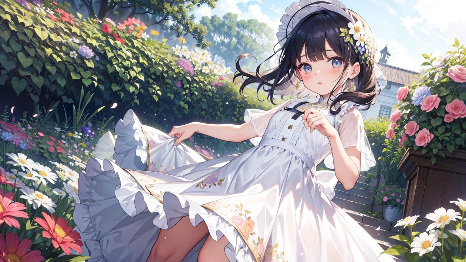 In the garden full of flowers, in the sun, Little girl in floral dress is dancing Sexy transparent white colonial style dress,
