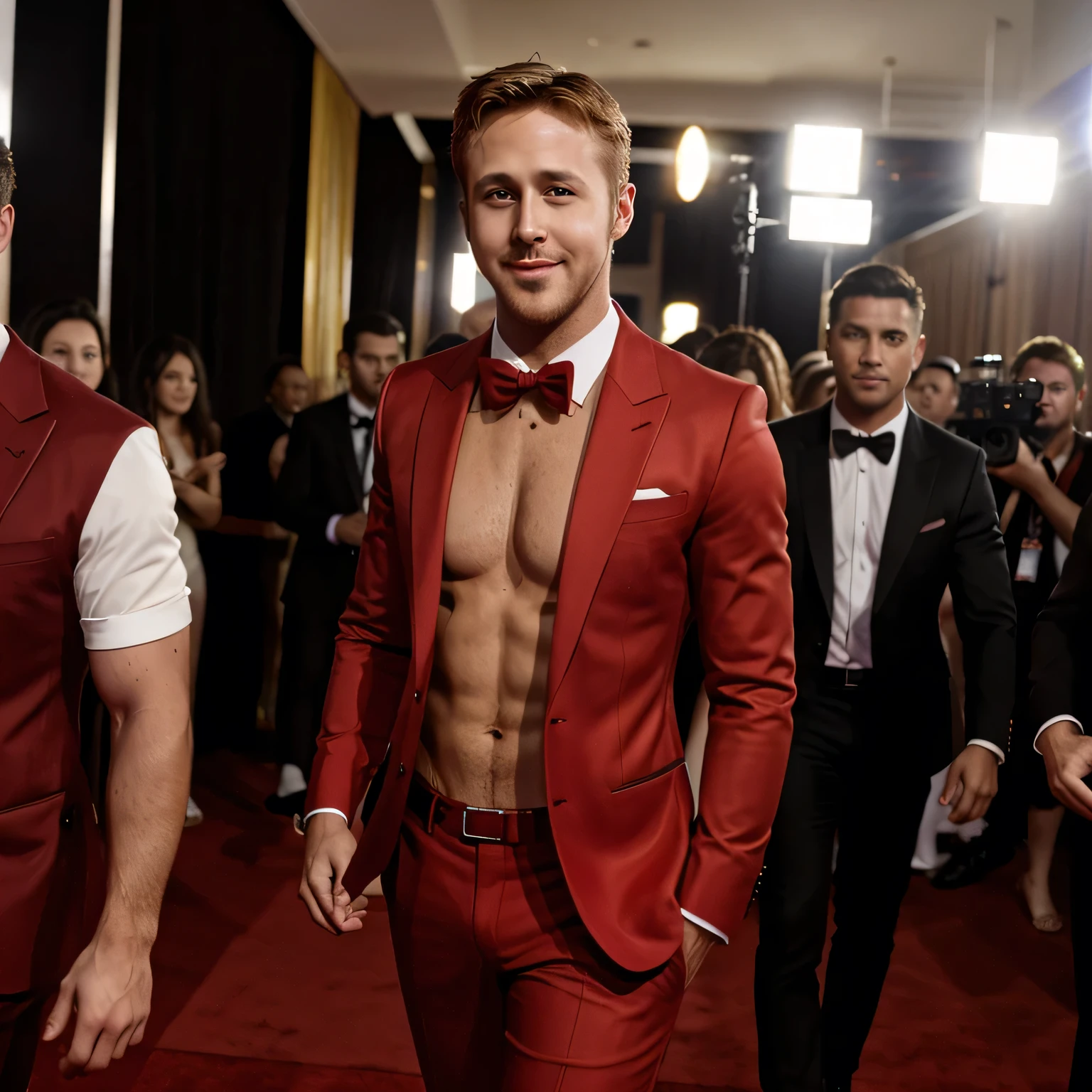 Ryan gosling open his Shirt off in front of many people. He just walk through them. He just wore the red suit with no Shirt inside. He got attention. He smile for all of them. Ryan is in a red carpet. Everycamera focus on ryan