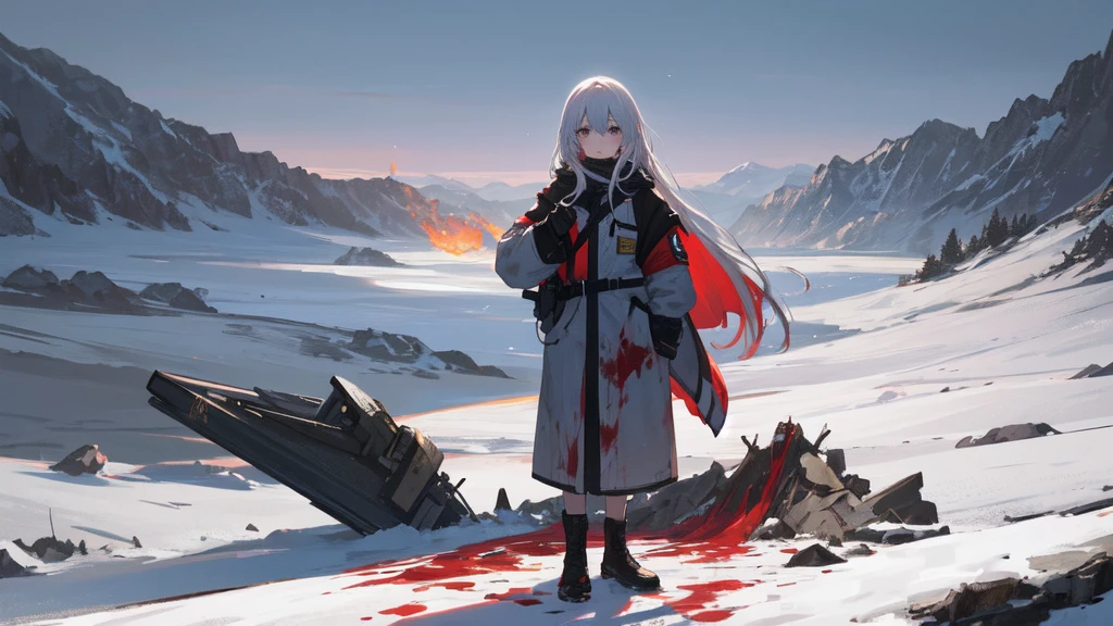 masterpiece:1.2), best quality , solo ,pixiv, anime girl ，long straight white hair , black eyes ,Wearing off-white camouflage uniform ,，battlefield，Standing in the snowy mountains，(Eyes looking into the distance:1.3)，There is a flame burning beside you，(look away:1.5)，snowy weather，The girl stands among the deserted snowy mountains，blood on forehead，dirty face，Background mixed with metal fragments:1.2，Backlight，Black lake in the background，Stand on a glacier，Bare rocky peaks , Scrap metal on the snow，Raise your hands to lift your hair，The expression is sad