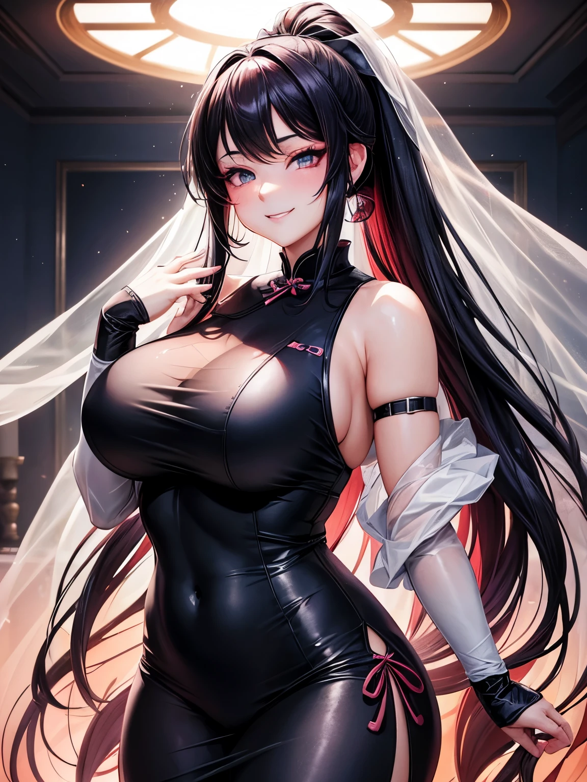 a 20 age chubby girl, your face has strong pink makeup, wearing a long black qipao,  darkgolden eyes, beautiful detailed eyes, sensual pose, suggestive pose, evil smile, very long hair, lightred hair, long ponytail hair, light and transparent veil filling with charm and seduction, stunning beautiful artwork, maximalist, by artgerm, 8k anime artwork, 8k photo, trending on artstation. looking at the viewer, masterpiece, best quality