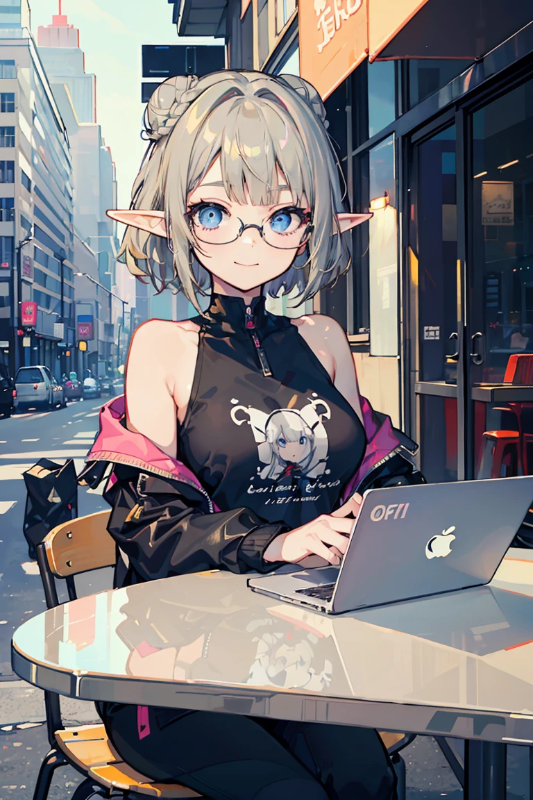 (1 Elf girl), (beautifulエルフの女の子), (super high quality), Glasses, laptop, Cafe, sit, masterpiece, Casual Scene, Selfie, Grinning, Relaxed atmosphere, she wears fashionable clothes, Stylish jacket and pants,Street atmosphere, urban environment. Perfect body, (E Cup:1.2), Logo T-shirt、 Fresh, (Asymmetrical bangs:1.3), Braided bun hair, short hair, Highly detailed face and eyes, (Grey-haired blonde, Deep blue eyes:1.2),cyber punk, sf, (Exposing shoulders), Digital Art, beautiful, Cinema Lighting, by Yusuke Murata.tonality, Romanticism, modern art, Impressionism, reflected light, 8k, masterpiece, Advanced Details, Highest quality, Just five fingers