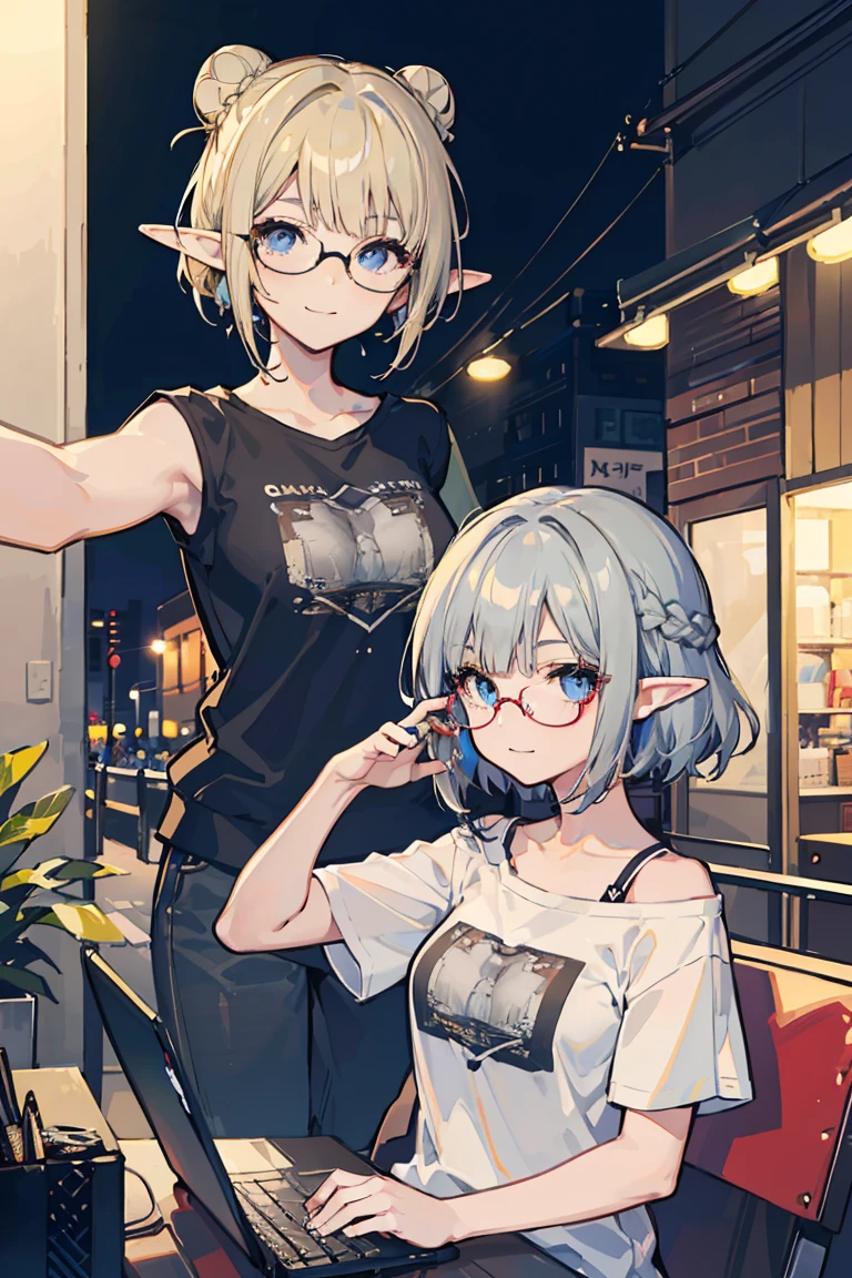 (1 Elf girl),  (beautifulエルフの女の子), (super high quality), Glasses, laptop, Cafe, sit, masterpiece, Casual Scene, Selfie, Grinning, Relaxed atmosphere, she wears fashionable clothes, Stylish jacket and pants,Street atmosphere, urban environment. Perfect body, (E Cup:1.2), Logo T-shirt、 Fresh, (Asymmetrical bangs:1.3), Braided bun hair, short hair, Highly detailed face and eyes, (Grey-haired blonde, Deep blue eyes:1.2),cyber punk, sf, (Exposing shoulders), Digital Art, beautiful, Cinema Lighting, by Yusuke Murata.tonality, Romanticism, modern art, Impressionism, reflected light, 8k, masterpiece, Advanced Details, Highest quality, Just five fingers