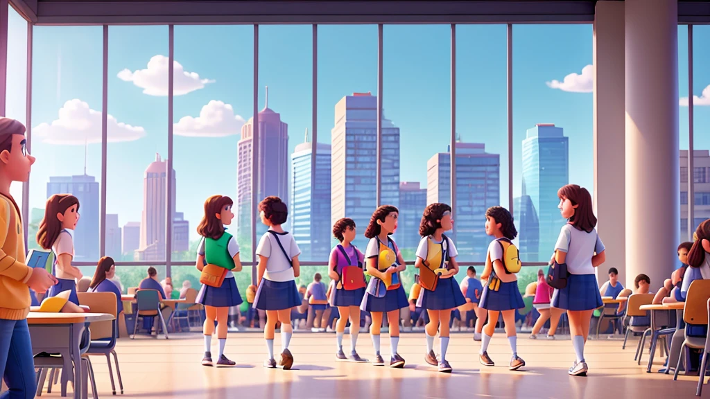"A lively high school campus filled with students walking, talking, and engaging in various activities. The buildings are modern, with large glass windows reflecting the bright, sunny day. The scene captures a vibrant, bustling atmosphere."
Style: Pixar, Disney, 8K