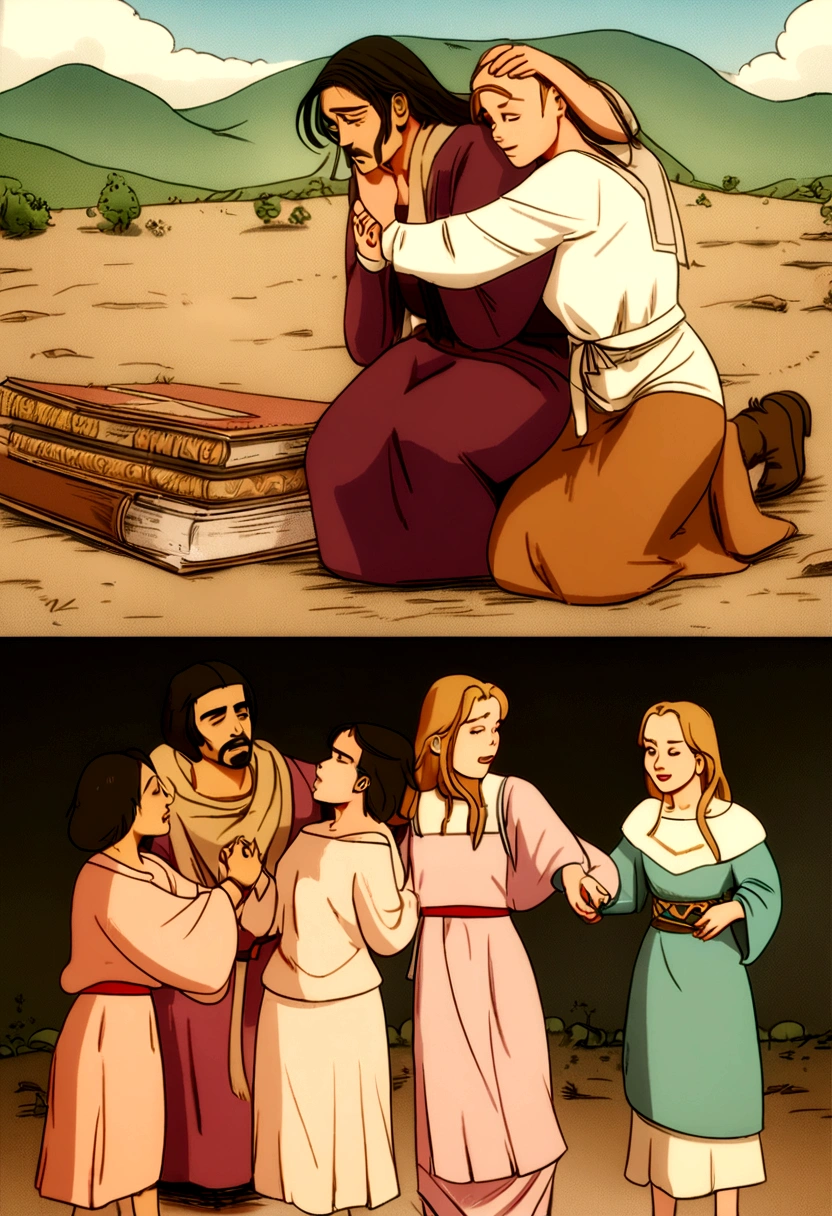 arafed image of a woman touching a man's forehead, jesus hugging a woman, by Bernardo Daddi, beautiful depiction, 😭🤮 💔, by Nicholas Marsicano, bible illustration, emotional picture, the lord and savior, nicodemus, by Alexander Kucharsky, digital art. @mariomaniacdude, animated film, animated still
