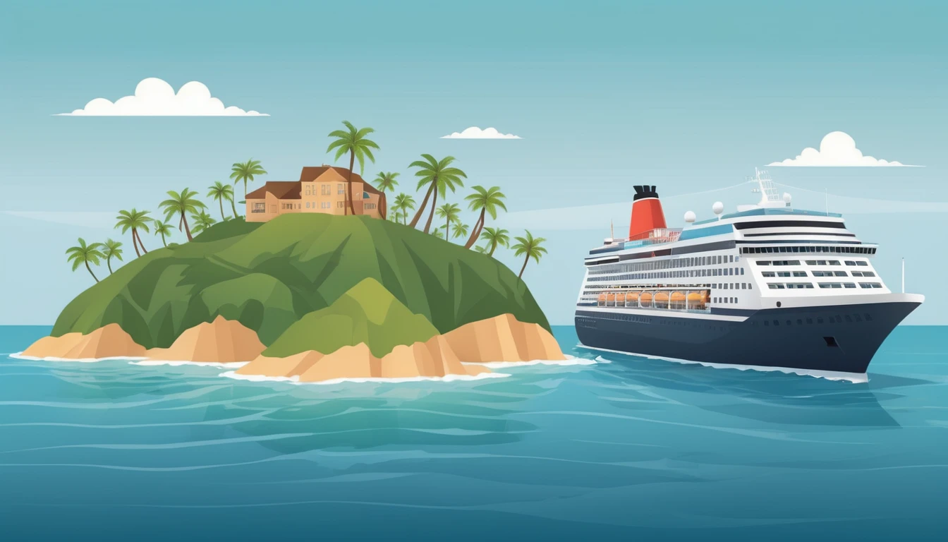 Cruise ship with island. Cruise ship in ocean with small tropical island illustration, vector art