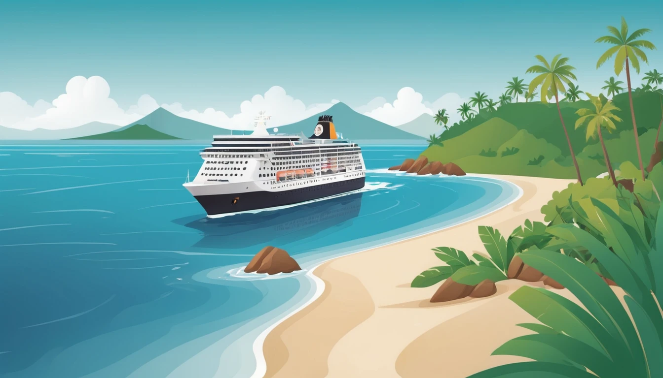 Cruise ship with island. Cruise ship in ocean with small tropical island illustration, vector art