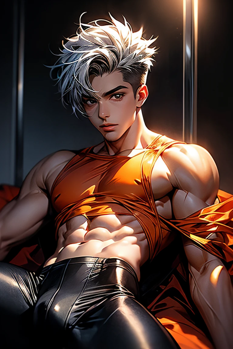 Lying on his stomach puffs of transparent Orange steam gather into the figure of a young man + in tight-fitting tights + aesthetically pleasing + beautiful + high resolution + hyperrealism + professional photo, Young guy, pronounced muscles, fifteen years old, posing, offering himself, tempting, erotic, in a thong, erotic, provocative Halloween costume, Rear top view, European appearance , daring, brutal hairstyle, large voluminous elastic lush buttocks, torn fabric exposed, ART painting, white hair, attractive uncovered male figure, full-length silhouette, image of insidious seduction, professional photo,