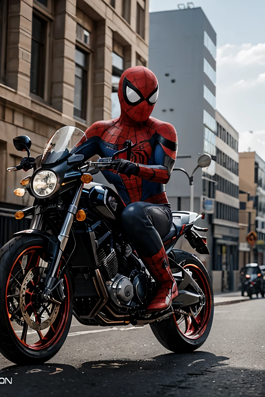 Spider man montado en una moto pulsar ns 200, color blanca, real 8k