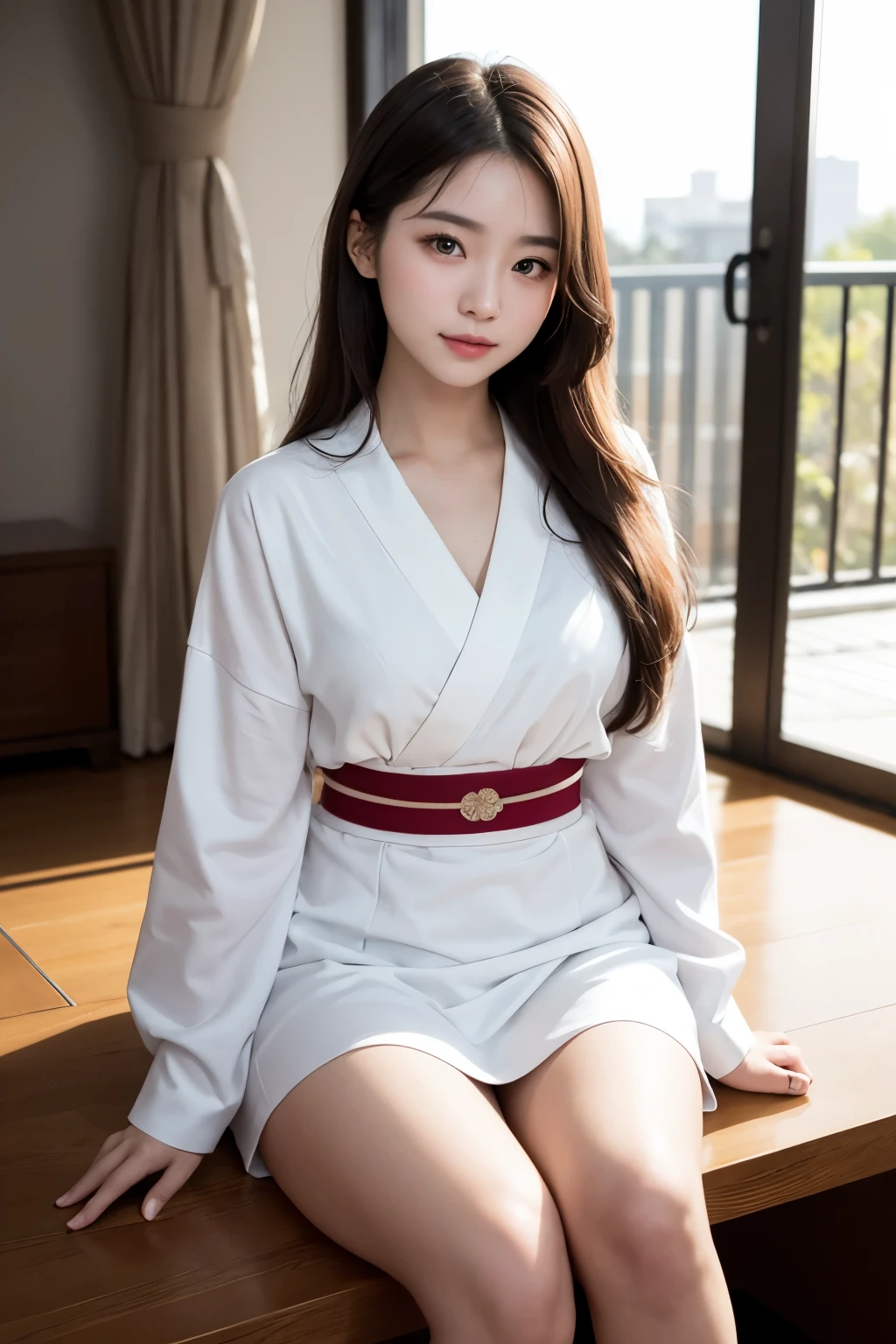 Skinny beautiful woman in a white dress sitting on a bed, young sensual gravure idol, Japanese model, in kimono, sophisticated gravure idol, posing in a bedroom