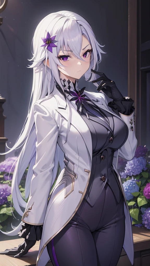 (best quality:1.3), (masterpiece:1.3), (illustration:1.3), (ultra-detailed:1.3), 1girl, solo, ((long hair, white hair, purple eye, purple flower pattern)), (((large breasts))), black pants, white suit, tailcoat, serious expression, tall, mature, elegant, black gloves, purple flowers, looking at viewer, night sky, glowing purple flowers, nice hands, perfect hands, serious expression, tsurime,