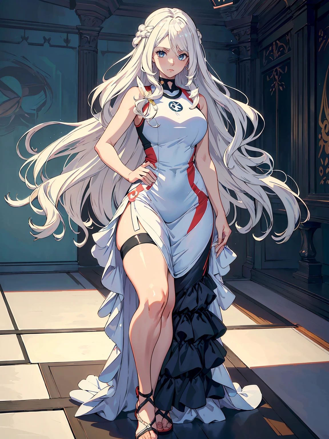 handsome mature woman,Long wavy white hair,Hyperresolution,accuracy,Detailed rendering,(Subtle facial image)(Image of fine hair)(topquality)(Masterpieces of masters)(High degree of completeness)(A sense of atmosphere)tmasterpiece,Super detailed and super detailed(half-body portrait)((Masterpiece, Highest quality)), Detailed face, CharacterDesignSheet, full bodyesbian, Full of details, Multiple poses and expressions, Highly detailed, Depth, Many parts,Beautiful,Extremely beautiful,High Balance, Natural light, drawn art style, white hair, curly hair down to ankles, ankle length hair, (((Ankle length hair))) (((thick hair))) (((pokemon trainer)))(((Pokemon gym leader))))(((Gym clothes)))(((Sporty outfit)))(((nO DRESS))) (((bAEBALL CAP)))(((Gym outfit)))(((Workout outfit)))