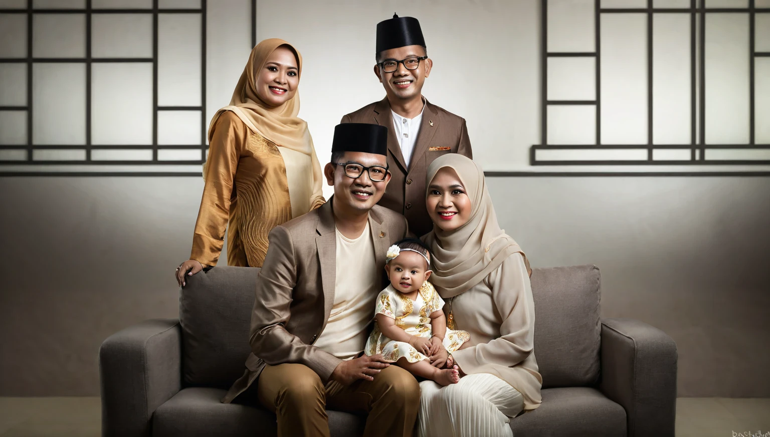 there are three people sitting on a couch with a baby, an indonesian family portrait, home photography portrait, happy family, family portrait, full protrait, family photography, barong family, by Basuki Abdullah, portraiture, portrait shot, color studio portrait, potrait, inspired by Basuki Abdullah, realism art, realistic portrait photo, highly detailed photo portrait