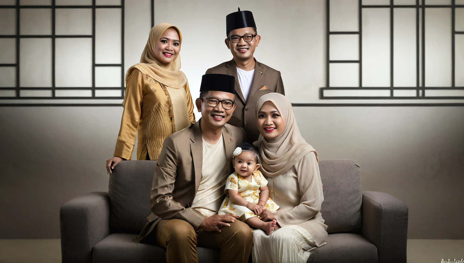 there are three people sitting on a couch with a baby, an indonesian family portrait, home photography portrait, happy family, family portrait, full protrait, family photography, barong family, by Basuki Abdullah, portraiture, portrait shot, color studio portrait, potrait, inspired by Basuki Abdullah, realism art, realistic portrait photo, highly detailed photo portrait