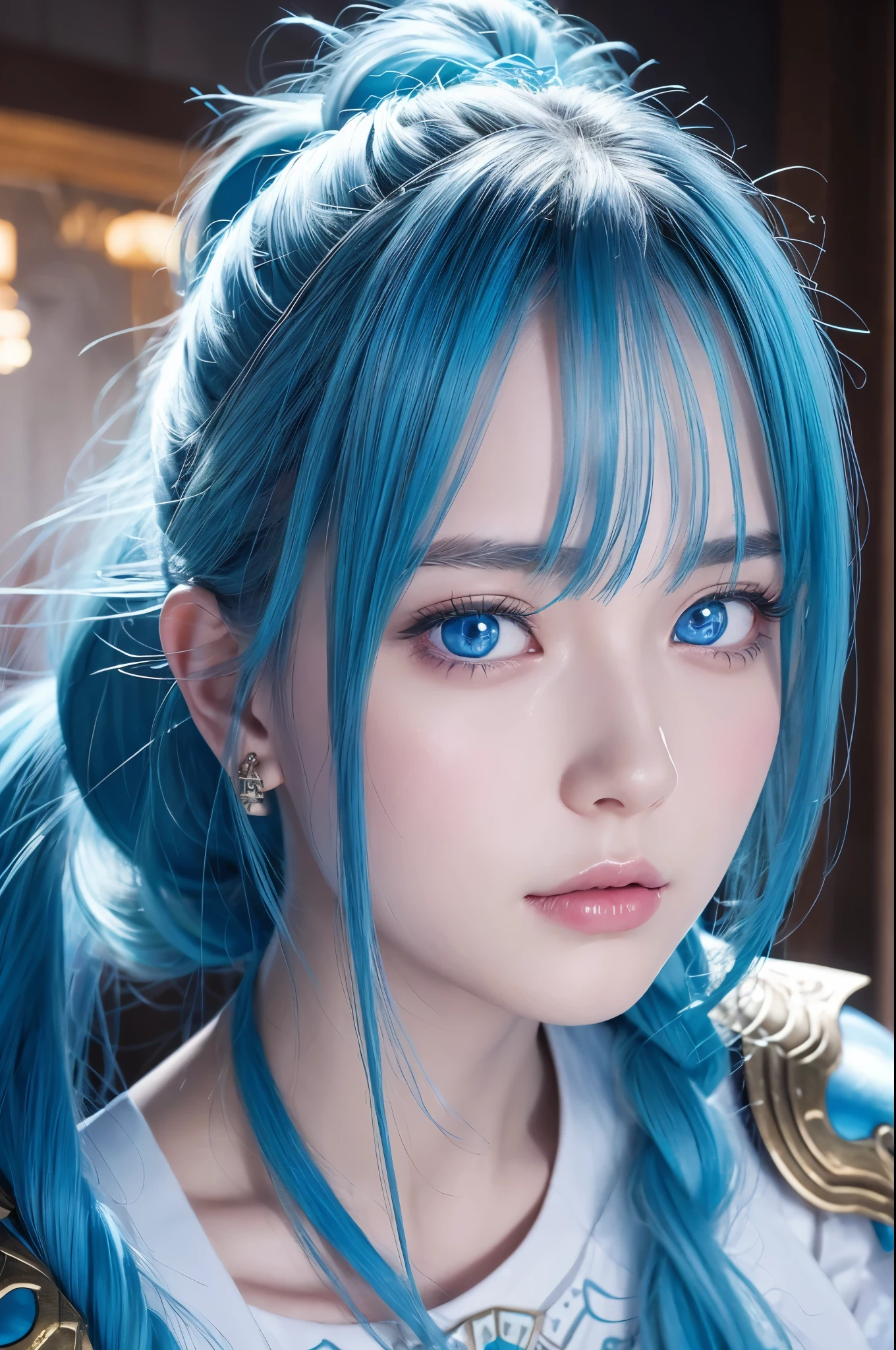 8k,Close-up of a woman in a blue and white dress、Draw your sword,Blue Hair, Super Beauty,(Like the real thing)blue eyes,ponytail,Chengwei Pan at Art Station、 By Yang Jo、 Detailed fantasy art、Amazing character art、 Fan Art Best Art Station、 Gorgeous and detailed character art、 Beautiful Armor、Highly detailed art gems、 Detailed digital animation art、 Art Station pixiv&#39;s artgerm、 Girl in armor,Dynamic Angle,Ultra-high resolution,Laugh out loud,Realistic Skin,attractive,Sexy,Active,Rich colors, Backlight, Cinema Lighting, Film Grain, 50mm lens, Nikon D850,Ultra-high resolution,Ultra-realistic,compensate,Super sexy,Big eyes,