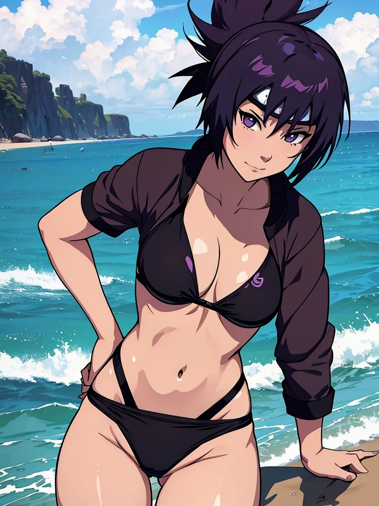 Anko from naruto, 1women, wearing a black colour sexy bikini, at a beach, purple colour short hair, 8k, high detailed, high quality