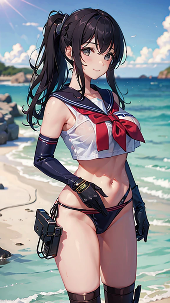girl,big breasts,sailor,midriff,gloves,smile,pistol
