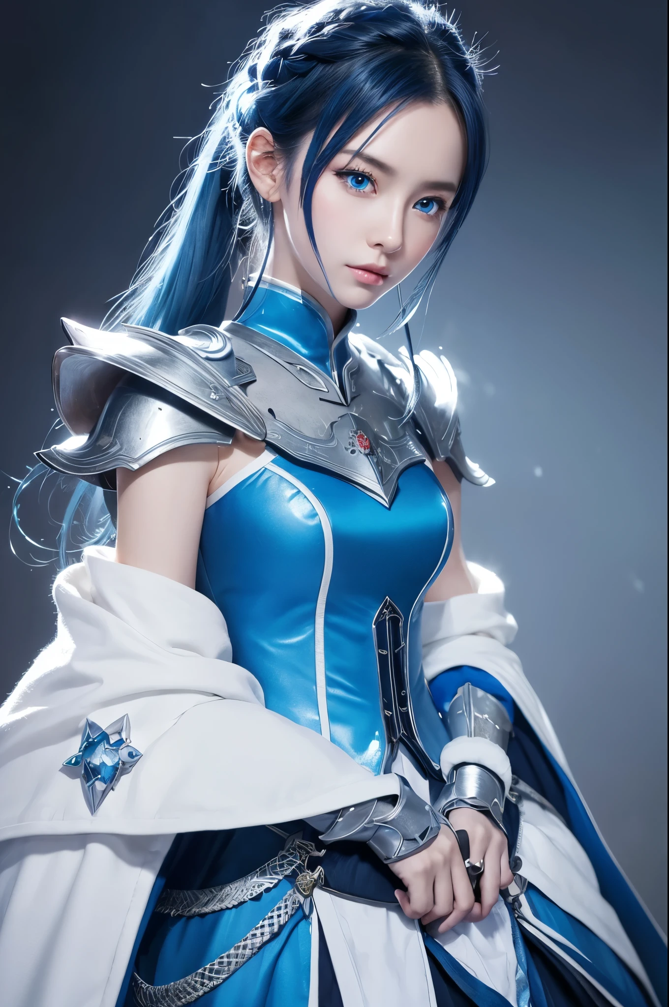 8k,Close-up of a woman in a blue and white dress、Draw your sword,Blue Hair, Super Beauty,(Like the real thing)blue eyes,ponytail,Chengwei Pan at Art Station、 By Yang Jo、 Detailed fantasy art、Amazing character art、 Fan Art Best Art Station、 Gorgeous and detailed character art、 Beautiful Armor、Highly detailed art gems、 Detailed digital animation art、 Art Station pixiv&#39;s artgerm、 Girl in armor,Dynamic Angle,Ultra-high resolution,Laugh out loud,Realistic Skin,attractive,Sexy,Active,Rich colors, Backlight, Cinema Lighting, Film Grain, 50mm lens, Nikon D850,Ultra-high resolution,Ultra-realistic,compensate,Super sexy,Big eyes,