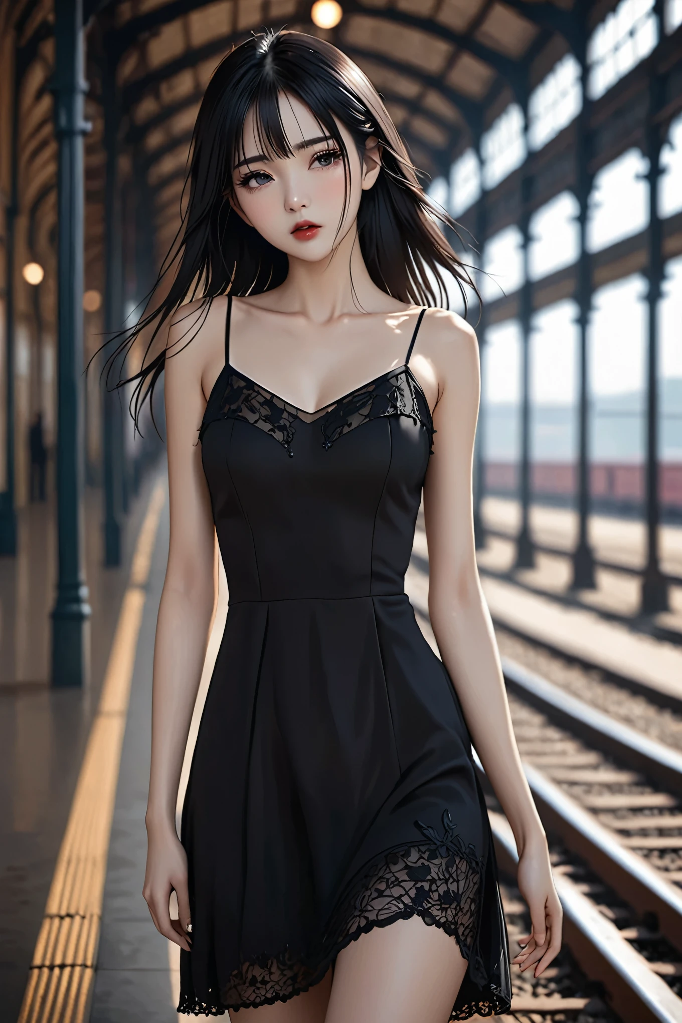a girl,cute and pretty face,Long straight black hair,Long bangs covering eyes,long eyelashes,(Fine eyes),small eyes,(half-closed eyes),(Dark lipstick),(Dark eyeshadow),Slim body,Slender limbs,Black spaghetti strap dress,Inside an old railway station,Depth of Field,Ultra-detailed faces,very beautiful face,Extremely high quality skin,Look into the distance,beautiful legs,