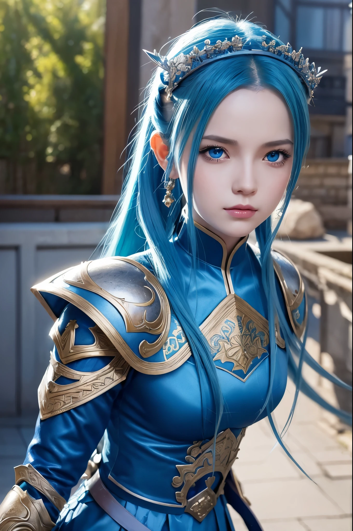 8k,Close-up of a woman in a blue and white dress、Draw your sword,Blue Hair, Super Beauty,(Like the real thing)blue eyes,ponytail,Chengwei Pan at Art Station、 By Yang Jo、 Detailed fantasy art、Amazing character art、 Fan Art Best Art Station、 Gorgeous and detailed character art、 Beautiful Armor、Highly detailed art gems、 Detailed digital animation art、 Art Station pixiv&#39;s artgerm、 Girl in armor,Dynamic Angle,Ultra-high resolution,Laugh out loud,Realistic Skin,attractive,Sexy,Active,Rich colors, Backlight, Cinema Lighting, Film Grain, 50mm lens, Nikon D850,Ultra-high resolution,Ultra-realistic,compensate,Super sexy,Big eyes,