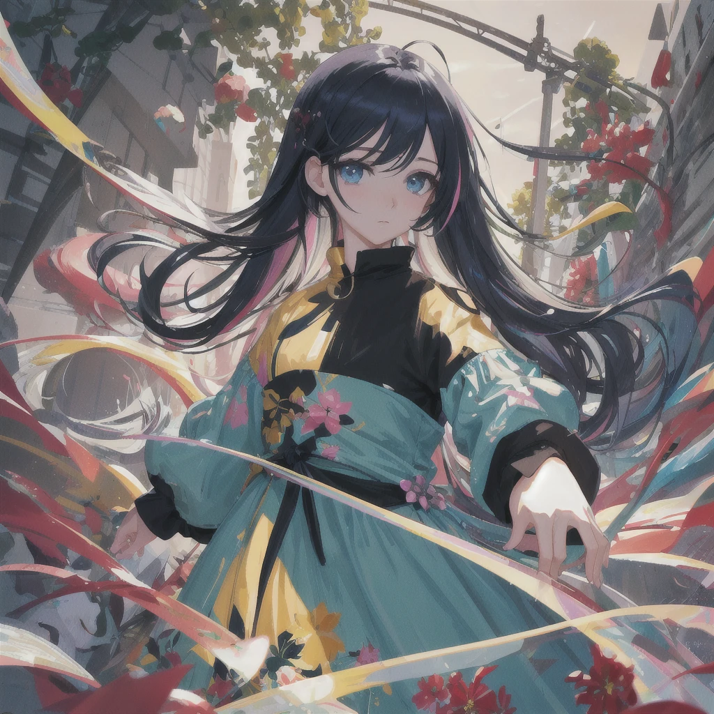 (masterpiece), (best quality), (ultra detailed),(disheveled hair),(illustration), (1girl), (Fashionable clothing), standing, Fashion model, looking at viewer, (interview), (simple background),beautiful detailed eyes, delicate beautiful face, Floating,(high saturation),(colorful splashes),colorful bubble,(shining), focus on face, black wavy hair, red highlights, bangs, floating flowers.Girl, anime waifu, looking at viewer, highlydetailed, reflections transparent iridescent colors, long transparent iridescent RGB hair, artby Serafleur from artstation, thick acrylic,illustration on pixiv, waist up portrait, gorgeoussacred girl, best quality, ultra detailed,sad,clever,beautiful face , beautiful lighton black background, Character stvle renderedby Octane,