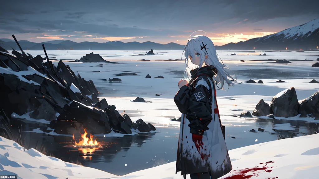 masterpiece:1.2), best quality , solo ,pixiv, anime girl ,long straight white hair , black eyes ,Wearing off-white camouflage uniform ,ten years old,battlefield,Standing in the snowy mountains,(Eyes looking into the distance:1.3),There is a flame burning beside you,(look away:1.5),snowy weather,The girl stands among the deserted snowy mountains,blood on forehead,dirty face,Background mixed with metal fragments:1.2,Backlight,Black lake in the background,Stand on a glacier,Bare rocky peaks , Scrap metal on the snow,raise arms,The expression is sad