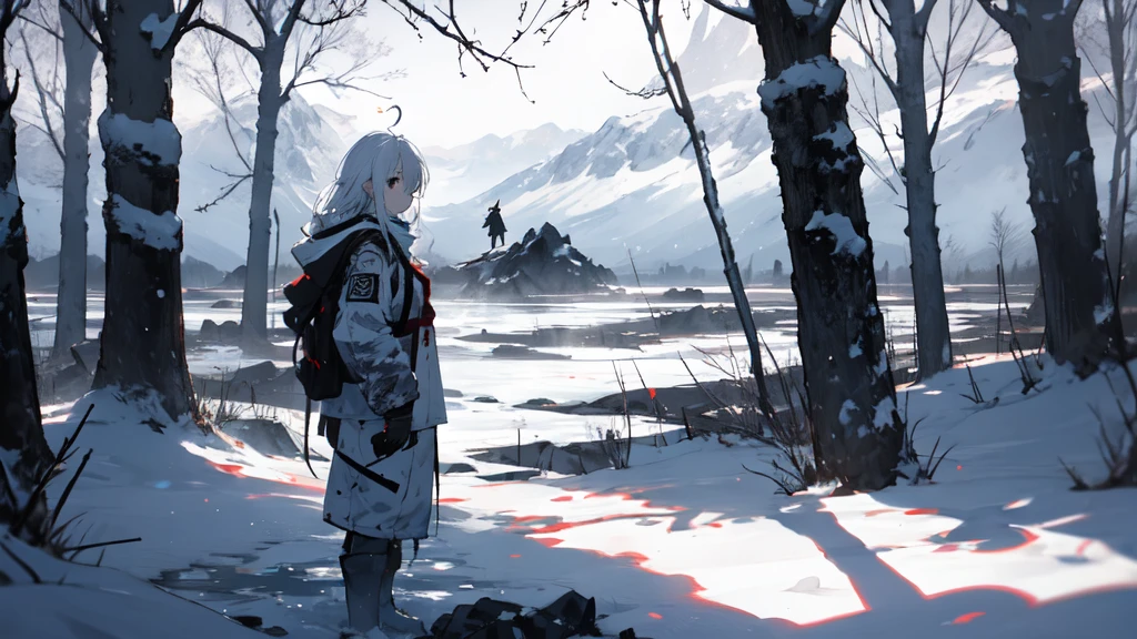 masterpiece:1.2), best quality , solo ,pixiv, anime girl ,long straight white hair , black eyes ,Wearing off-white camouflage uniform ,ten years old,battlefield,Standing in the snowy mountains,(Eyes looking into the distance:1.3),There is a flame burning beside you,(look away:1.5),snowy weather,The girl stands among the deserted snowy mountains,blood on forehead,dirty face,Background mixed with metal fragments:1.2,Backlight,Black lake in the background,Stand on a glacier,Bare rocky peaks , Scrap metal on the snow,raise arms,The expression is sad