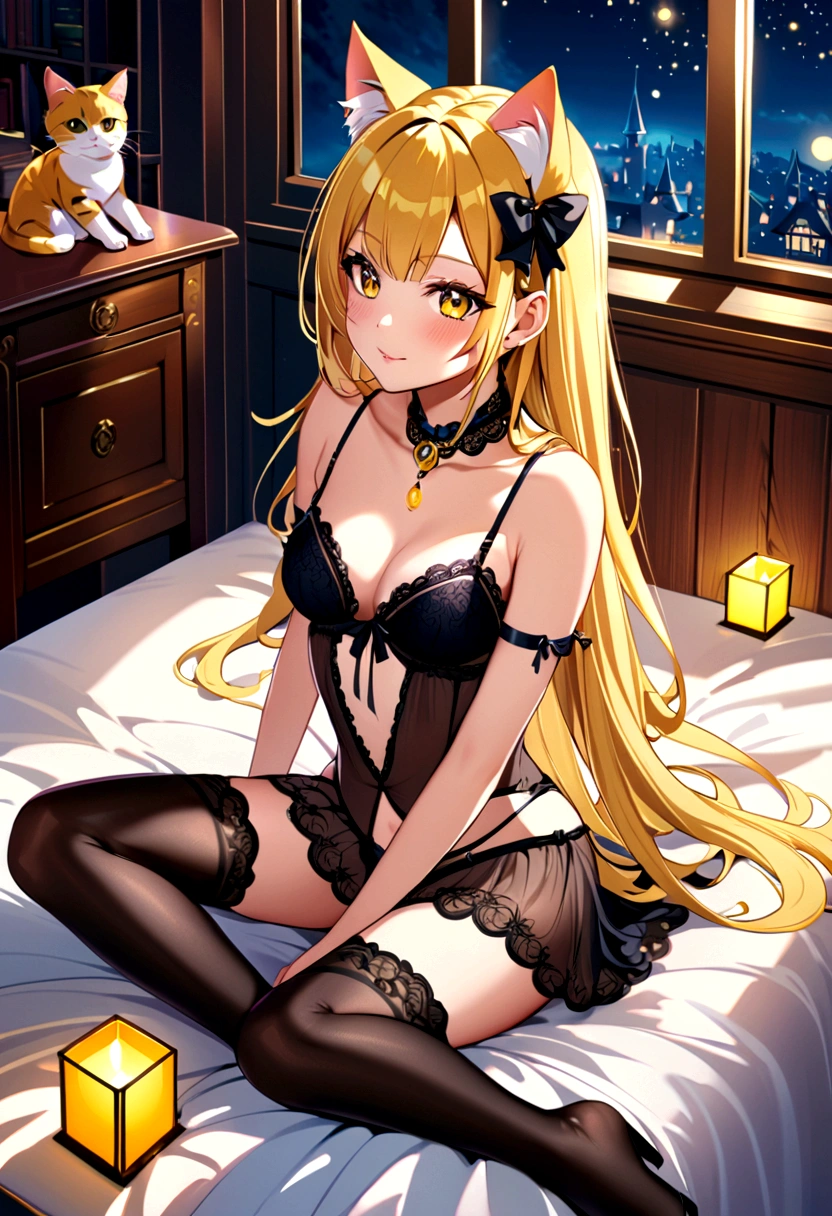 1girl, yellow hair,ear cat,lingerie,stocking