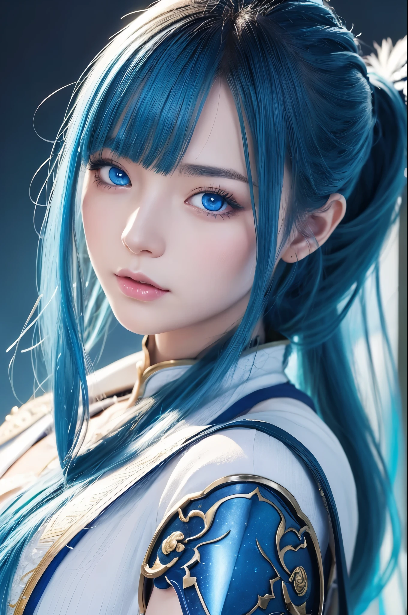 8k,Close-up of a woman in a blue and white dress、Draw your sword,Blue Hair, Super Beauty,(Like the real thing)blue eyes,ponytail,Chengwei Pan at Art Station、 By Yang Jo、 Detailed fantasy art、Amazing character art、 Fan Art Best Art Station、 Gorgeous and detailed character art、 Beautiful Armor、Highly detailed art gems、 Detailed digital animation art、 Art Station pixiv&#39;s artgerm、 Girl in armor,Dynamic Angle,Ultra-high resolution,Laugh out loud,Realistic Skin,attractive,Sexy,Active,Rich colors, Backlight, Cinema Lighting, Film Grain, 50mm lens, Nikon D850,Ultra-high resolution,Ultra-realistic,compensate,Super sexy,Big eyes,