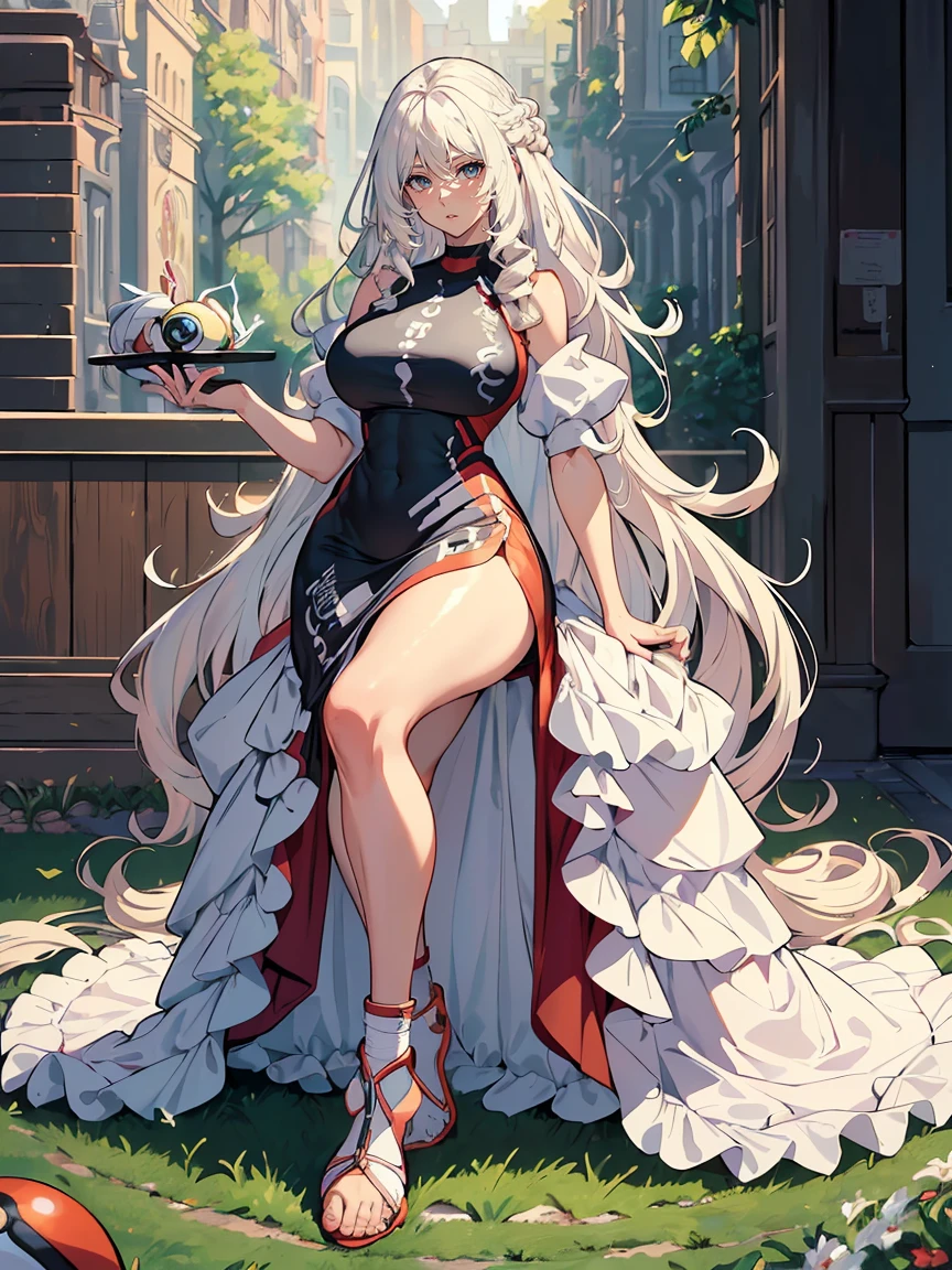 handsome mature woman，Long wavy white hair，Hyperresolution，accuracy，Detailed rendering，（Subtle facial image）（Image of fine hair）（topquality）（Masterpieces of masters）（High degree of completeness）（A sense of atmosphere）tmasterpiece，Super detailed and super detailed（half-body portrait）((Masterpiece, Highest quality)), Detailed face, CharacterDesignSheet, full bodyesbian, Full of details, Multiple poses and expressions, Highly detailed, Depth, Many parts，Beautiful，Extremely beautiful，High Balance, Natural light, drawn art style, white hair, curly hair down to ankles, ankle length hair, (((Ankle length hair))) (((thick hair))) (((pokemon trainer)))(((Pokemon gym leader))))(((Gym clothes)))(((Sporty outfit)))(((nO DRESS))) (((bAEBALL CAP)))(((Gym outfit)))(((Workout outfit)))