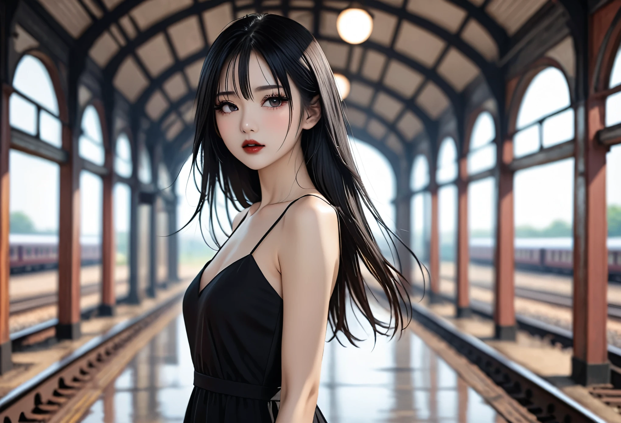 a girl,cute and pretty face,Long straight black hair,Long bangs covering eyes,long eyelashes,(Fine eyes),small eyes,(half-closed eyes),(Dark lipstick),(Dark eyeshadow),Slim body,Slender limbs,Black spaghetti strap dress,Inside an old railway station,Depth of Field,Ultra-detailed faces,very beautiful face,Extremely high quality skin,Look into the distance,beautiful legs,