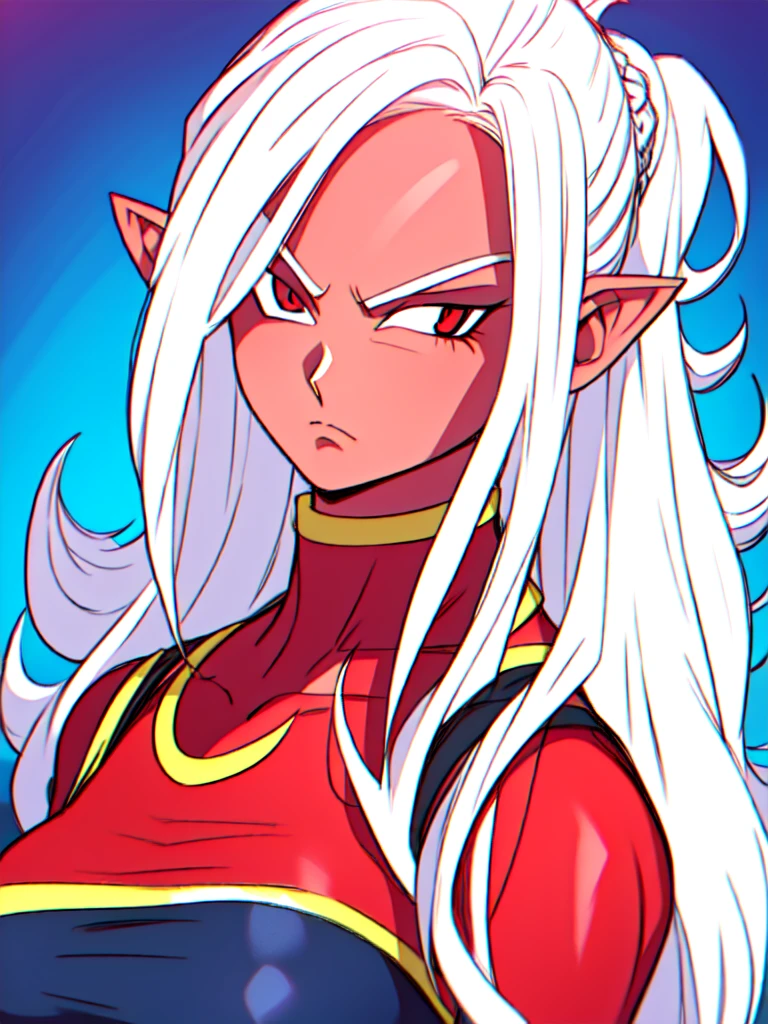 ((red skin)), ((in the artstyle of Dragon Ball Z), ((long ears)), ((curvy body)), ((ponytail hairstyle)), ((hair over one eye)), ((white hair)), ((red eyes)), ((serious expression)), (demonic clothing)), ((demon woman)), ((complementary colors)), ((mature female)), 1girl, beautifully drawn, high resolution illustration, best quality, High definition, ((detailed anime sketch)), Masterpiece, (solo), absurdres, portrait, ((upper body)), detailed background, fine detail, female focus, HDR,
