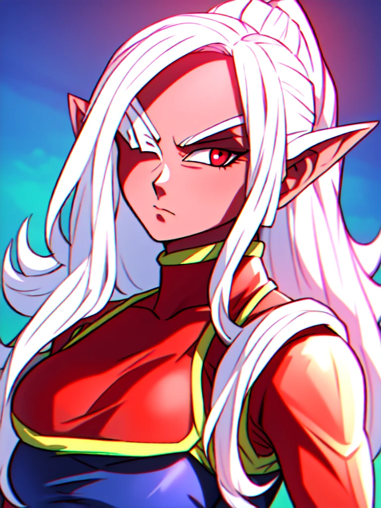 ((red skin)), ((in the artstyle of Dragon Ball Z), ((long ears)), ((curvy body)), ((ponytail hairstyle)), ((hair over one eye)), ((white hair)), ((red eyes)), ((serious expression)), (demonic clothing)), ((demon woman)), ((complementary colors)), ((mature female)), 1girl, beautifully drawn, high resolution illustration, best quality, High definition, ((detailed anime sketch)), Masterpiece, (solo), absurdres, portrait, ((upper body)), detailed background, fine detail, female focus, HDR,
