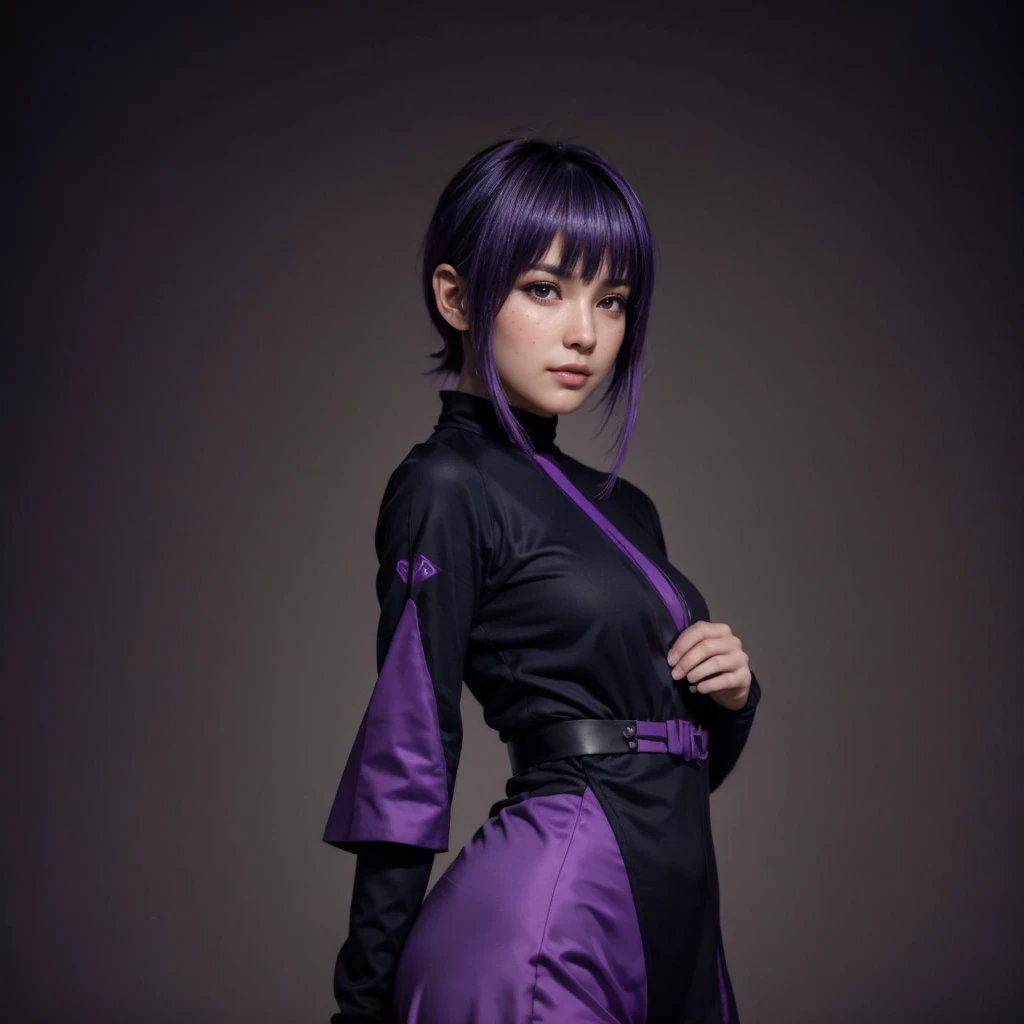 Ayane, cabelo roxo, (melhor qualidade, ultra-detalhado), (realista:1.37), rosto lindo e detalhado, ultra-realista texture, rosto delicado, corpo delicado, batom vermelho, cores brilhantes. High definition, 8K, pernas bem definidas
