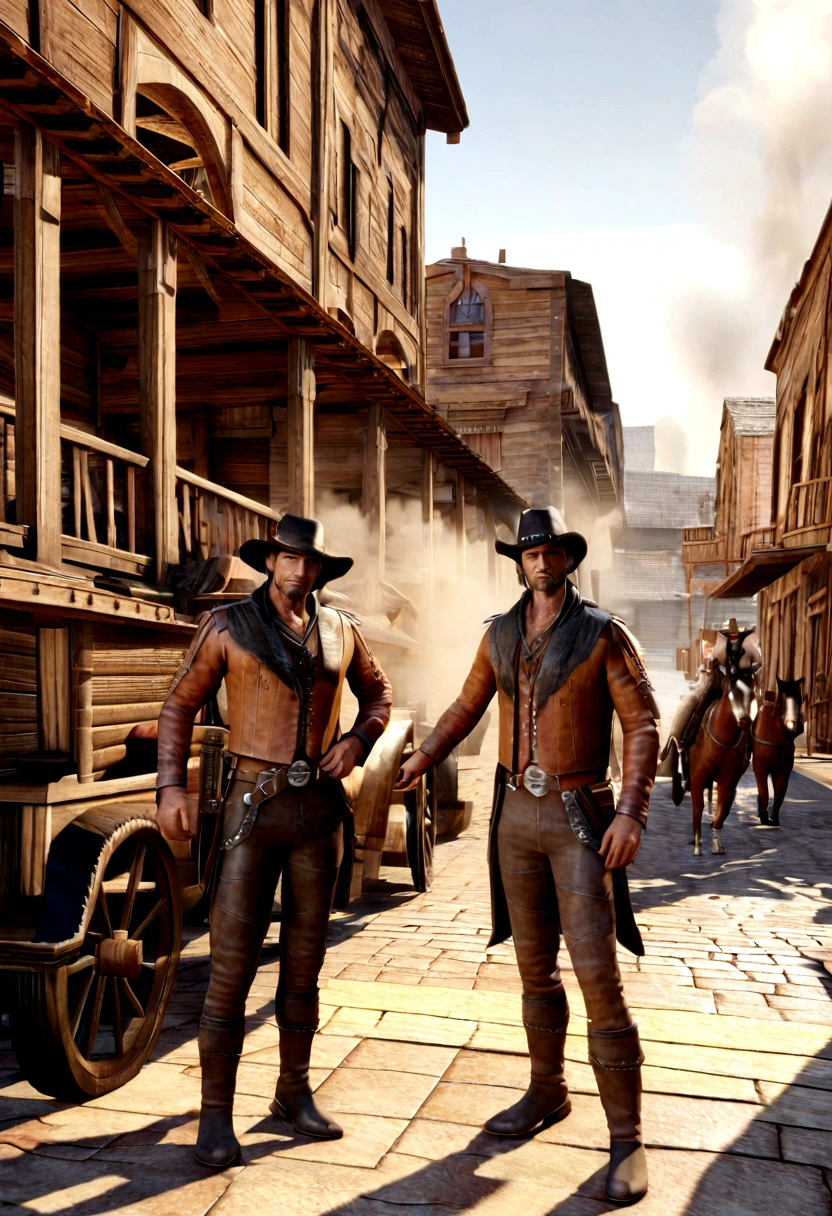 men with bandit bandana s and a woman with bandit bandana on face,coming out of a smokescreen on a city street,wild west,villain,smoke,dust,artwork,3D,4K,Detailed,Realistic