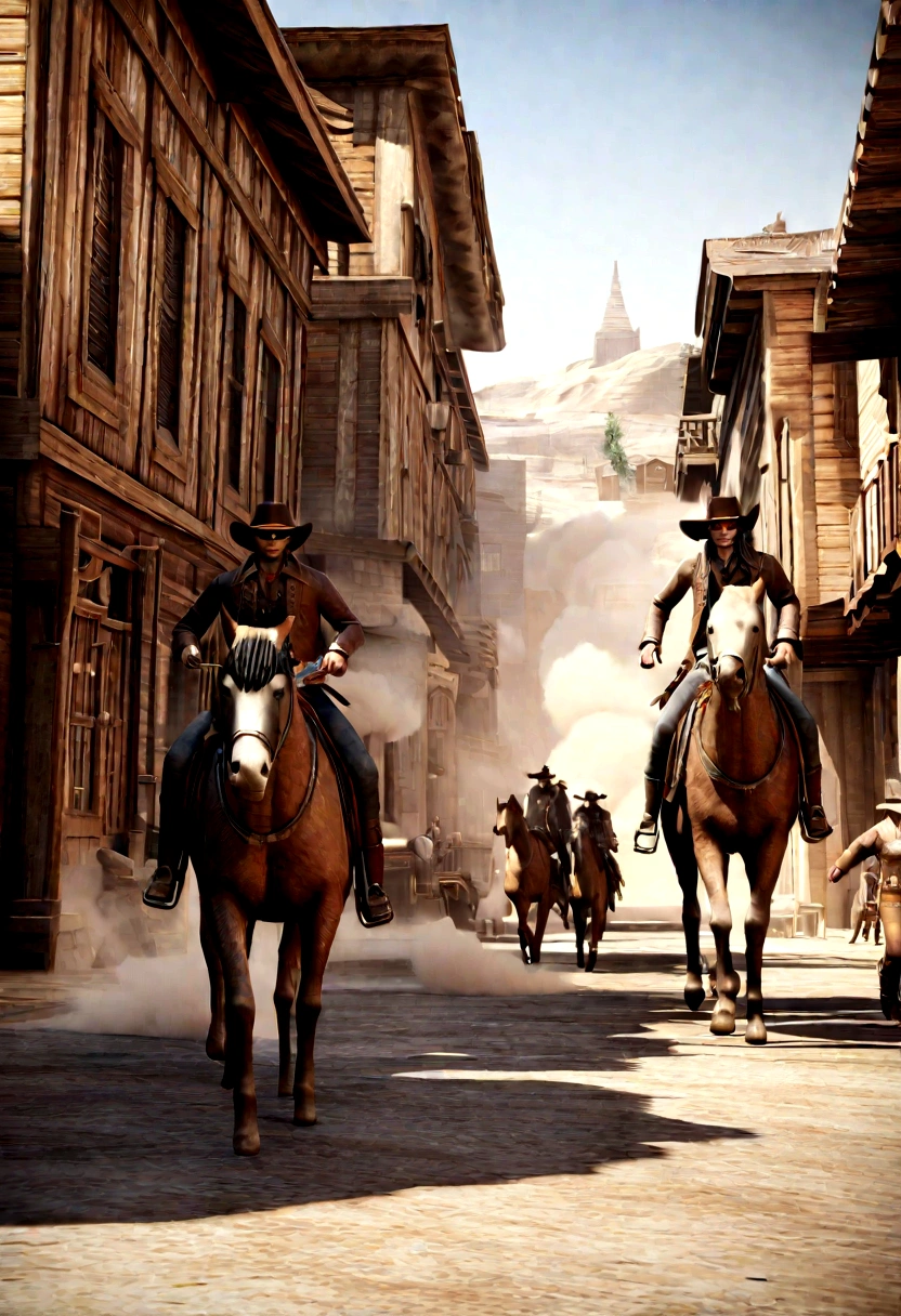 men with bandit bandana s and a woman with bandit bandana on face,coming out of a smokescreen on a city street,wild west,villain,smoke,dust,artwork,3D,4K,Detailed,Realistic
