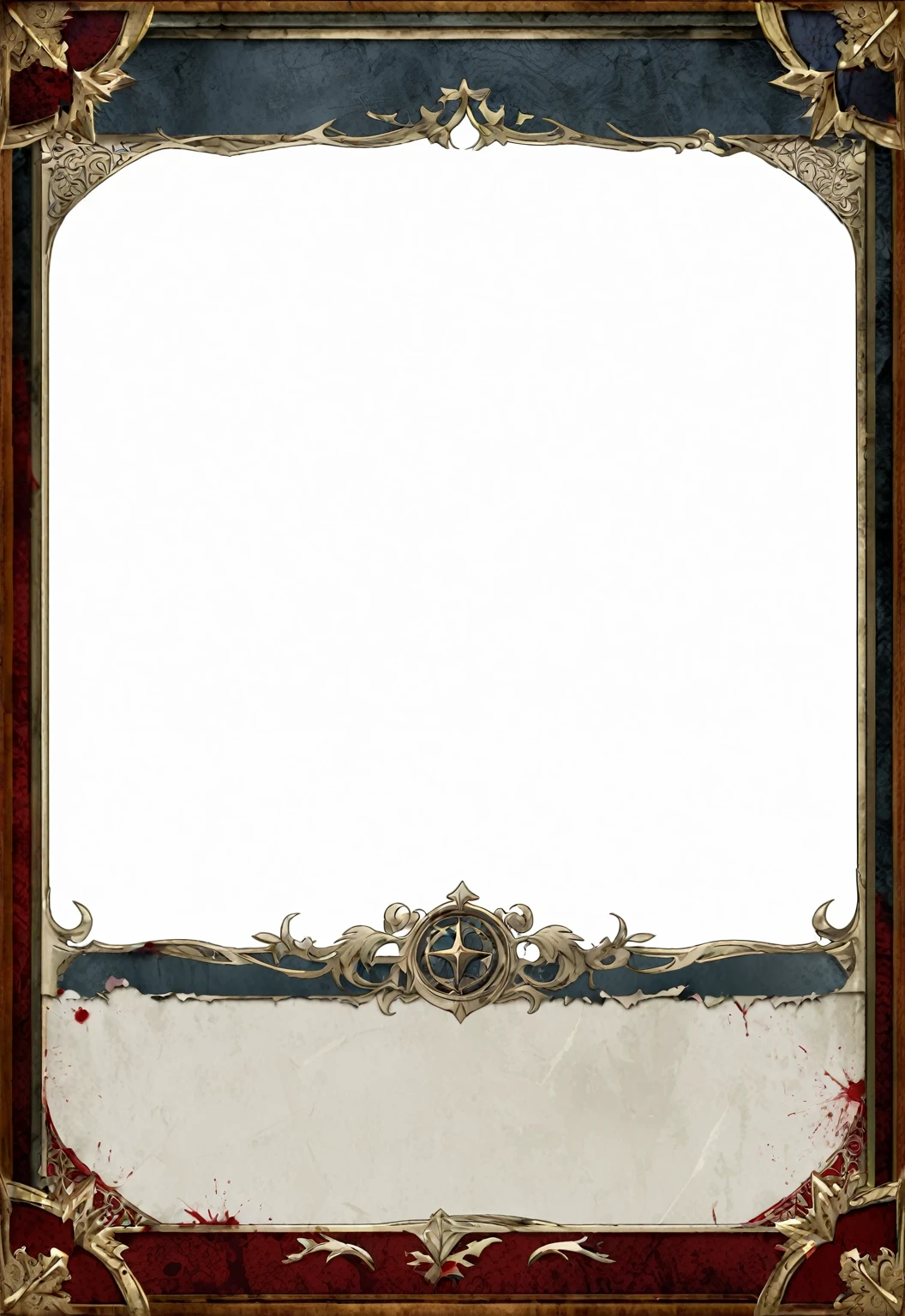 A card border UI，Medieval European aristocracy design，Dark Style，There are blood stains on the parchment backing.。