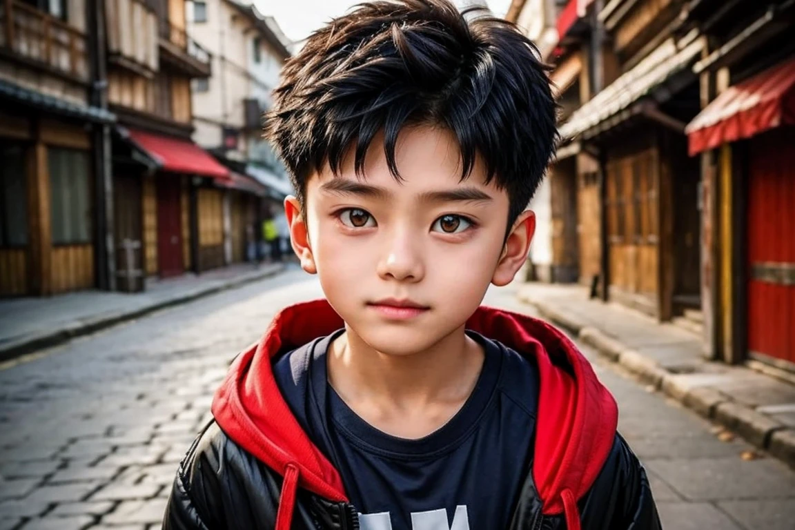 (((LITTLE KID))), OPEN SHIRT, 1 boy, handsome boy, black hair, comma hair, forehead comma hair, korean hair, street style, Purple hoodie, shiny, Red eyes, looking at viewer, upper body, shy face