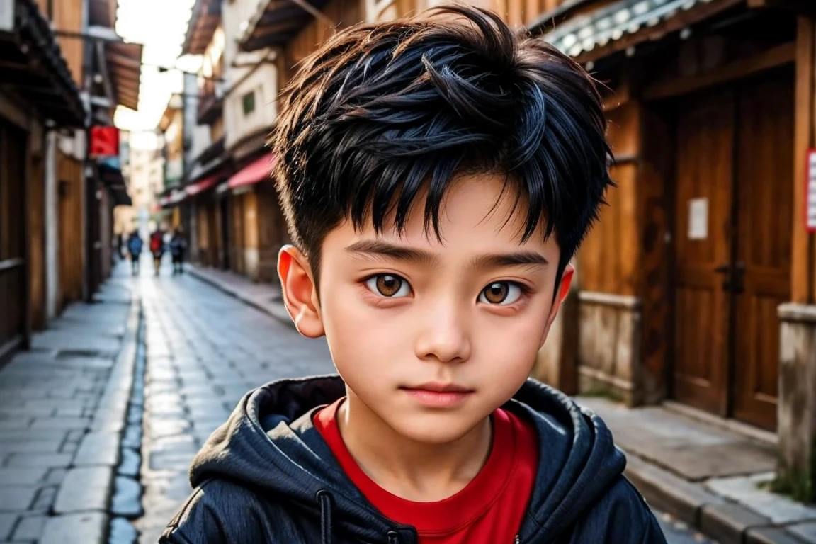 (((LITTLE KID))), OPEN SHIRT, 1 boy, handsome boy, black hair, comma hair, forehead comma hair, korean hair, street style, Purple hoodie, shiny, Red eyes, looking at viewer, upper body, shy face