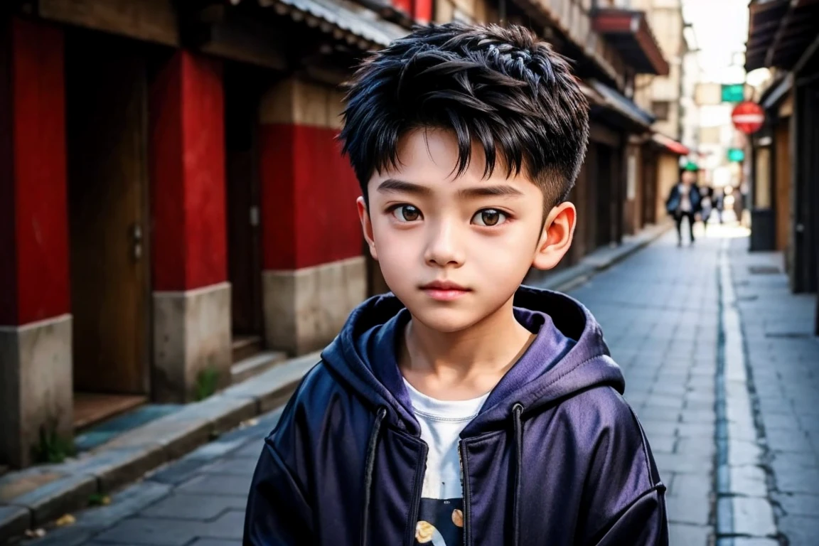 (((LITTLE KID))), OPEN SHIRT, 1 boy, handsome boy, black hair, comma hair, forehead comma hair, korean hair, street style, Purple hoodie, shiny, Red eyes, looking at viewer, upper body, shy face