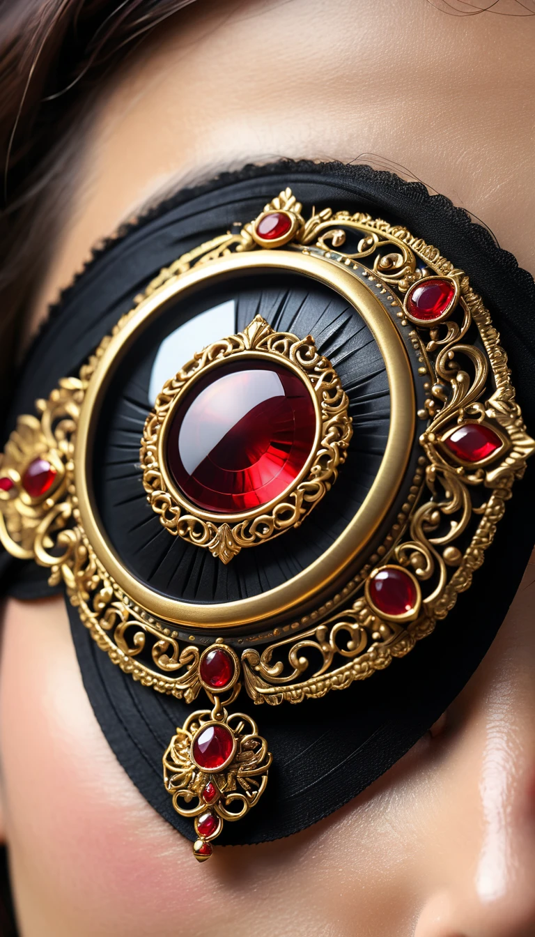 a detailed eye patch, intricate golden decorations, red ruby decorations, black material, extremely detailed, item design