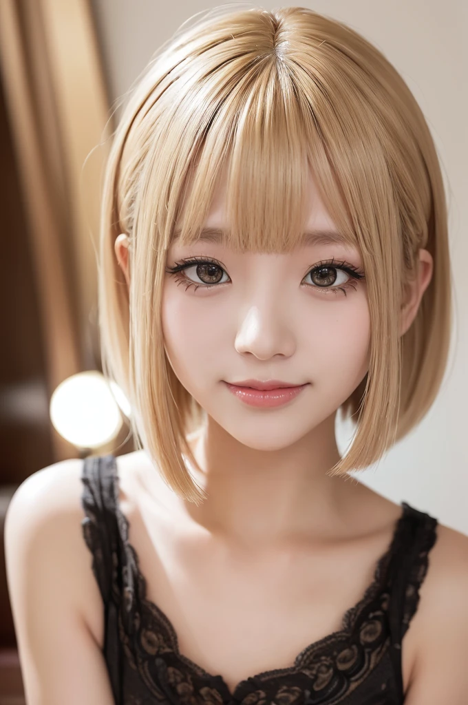 Genuine, masterpiece, Highest quality, Waist-up shot of a woman smiling happily, Beautiful and detailed, Long, narrow eyes,  Dark Eyes, Thin eyebrows, (Delicate eyelashes, Long eyelashes, Eyelash extensions), Date night makeup, (Blonde Hair, short hair, middle part), Small teeth visible, (Black blouse)