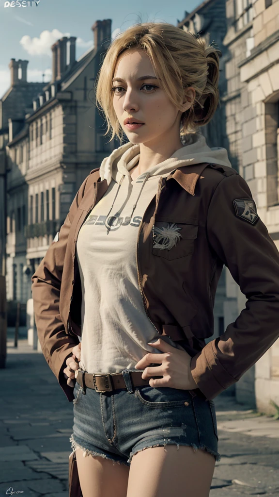 (bestquality,masterpiece), AnnieAOT, solo, hood, hoodie, paradis_military_uniform, jacket, uniform, emblem, feathers, upper body, thigh, hands on hip