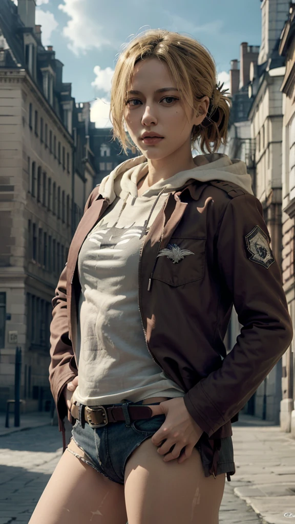 (bestquality,masterpiece), AnnieAOT, solo, hood, hoodie, paradis_military_uniform, jacket, uniform, emblem, feathers, upper body, thigh, hands on hip