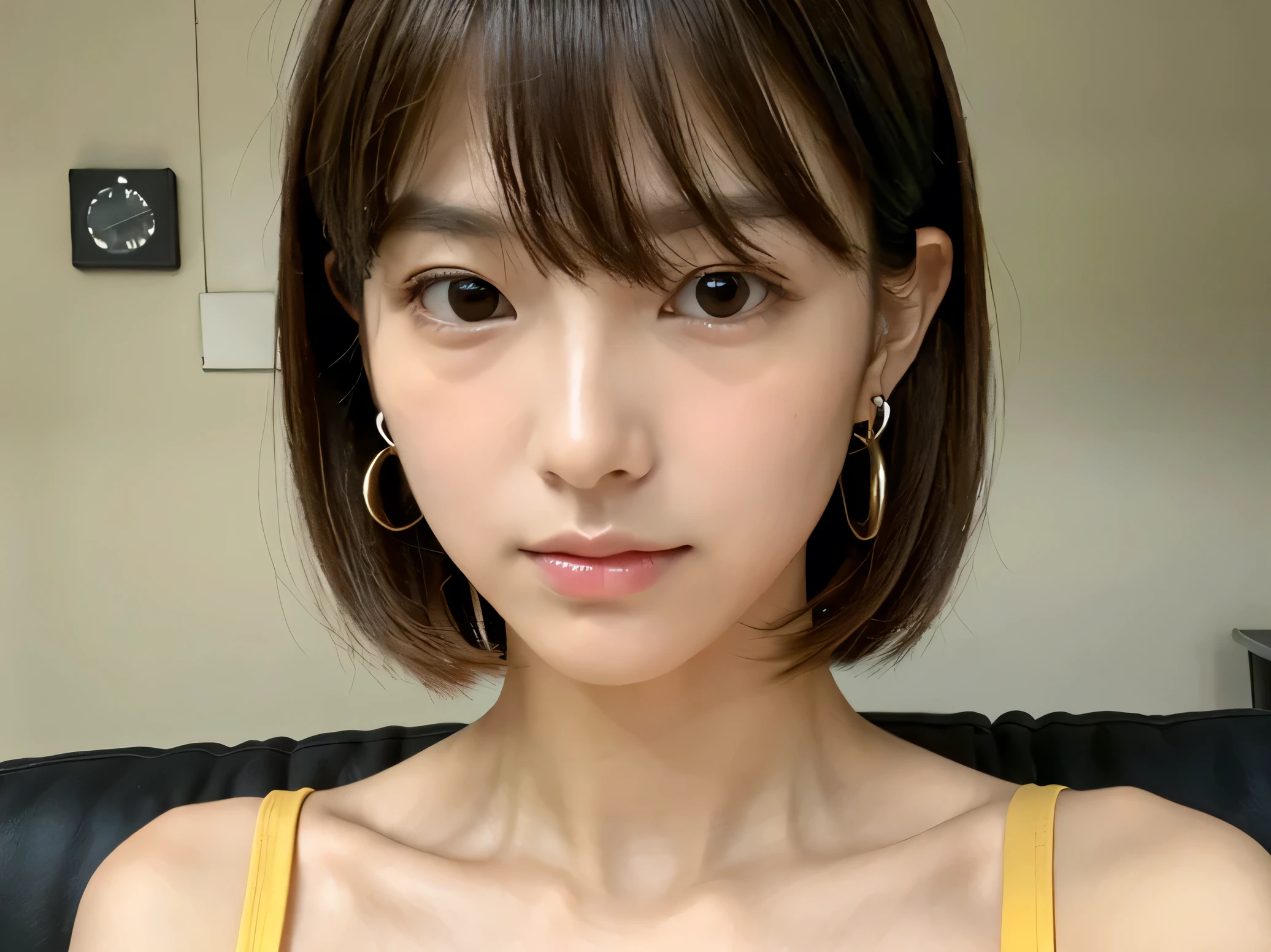 Look into the eyes, Eye contact, Front of face, Front face, face, indoor, Cross-legged, Brown Hair, bangs, Tank top, clavicle, shoulder, chest, Earrings, Skin Moisture, Cross-legged
