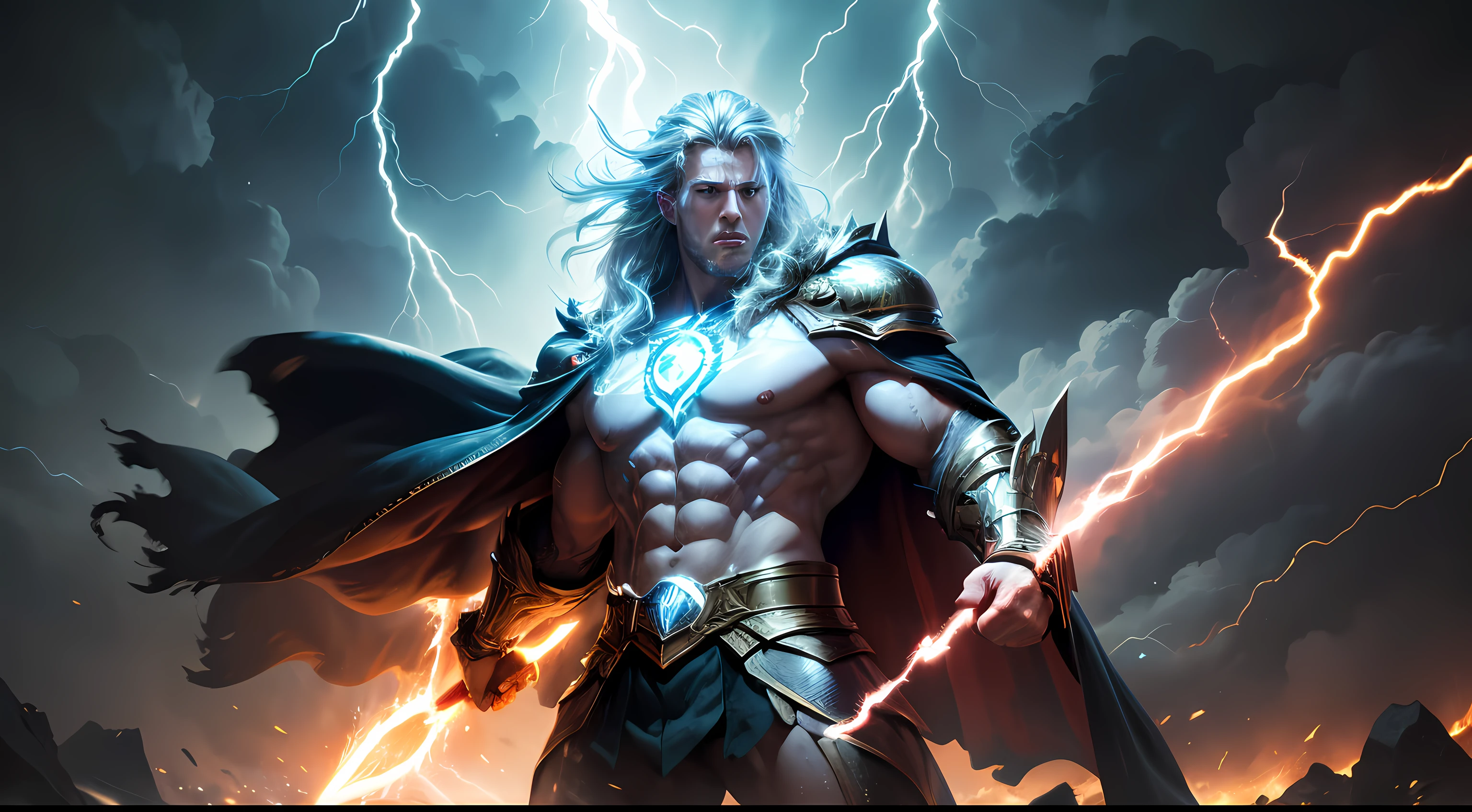 (best quality,4k,8k,highres,masterpiece:1.2),ultra-detailed,(realistic,photorealistic,photo-realistic:1.37),Thor,stormy atmosphere,lightning,rippling muscles,god-like figure,Asgardian warrior,commanding presence,mighty hammer,mills,rippling cape,divine power,tempestuous skies,dark clouds,flashes of energy,glowing eyes,fierce expression,thunderbolts,enchanted armor,reflective surface,golden accents,mythical realms,epic battle,wild winds,crackling energy,wisps of thunderclouds,destruction,electricity surging,heroic stance,divine lightning,kaleidoscope of colors,vibrant and dynamic,immense strength,ætherial glow,divine wrath,ominous shadows,darkened backdrop,thunderous roar,unleashing power,devastating force,unbreakable spirit,beacon of hope