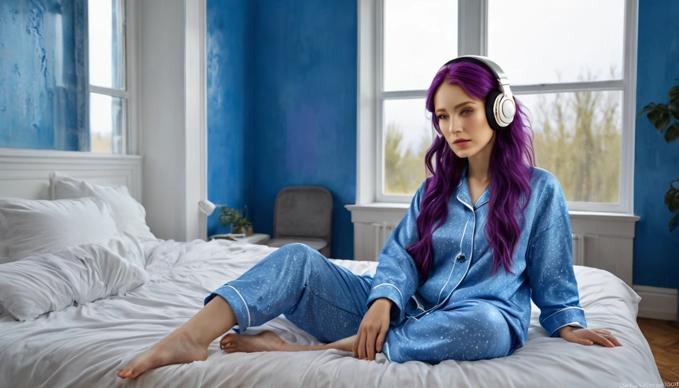 hdr digital image, 8k, a room blue walls, sitting on the bed, red bedspread, in pajamas, white ivory columns with gold, a beautiful woman, 24 years old, long purple hair, headphones, blue eyes, close to a large large window open, with rain outside. neon blue room