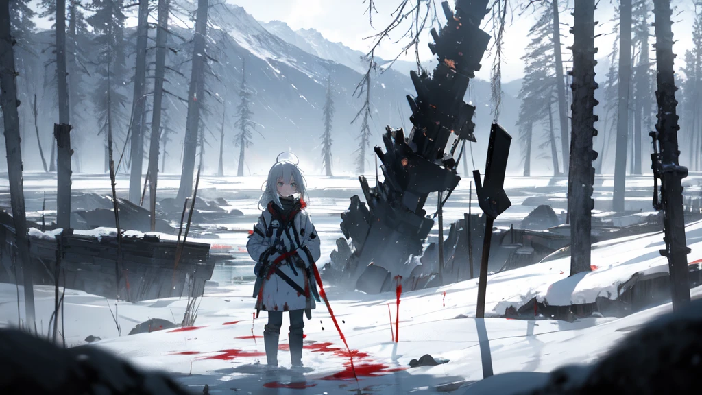 masterpiece:1.2), best quality , solo ,pixiv, anime girl ，long straight white hair , black eyes ,Wearing off-white camouflage uniform ,ten years old，battlefield，Standing in the snowy mountains，(Eyes looking into the distance:1.3)，There is a flame burning beside you，(look away:1.5)，snowy weather，The girl stands among the deserted snowy mountains，blood on forehead，dirty face，Background mixed with metal fragments:1.2，Backlight，Black lake in the background，Stand on a glacier，Bare rocky peaks , Scrap metal on the snow，The expression is sad