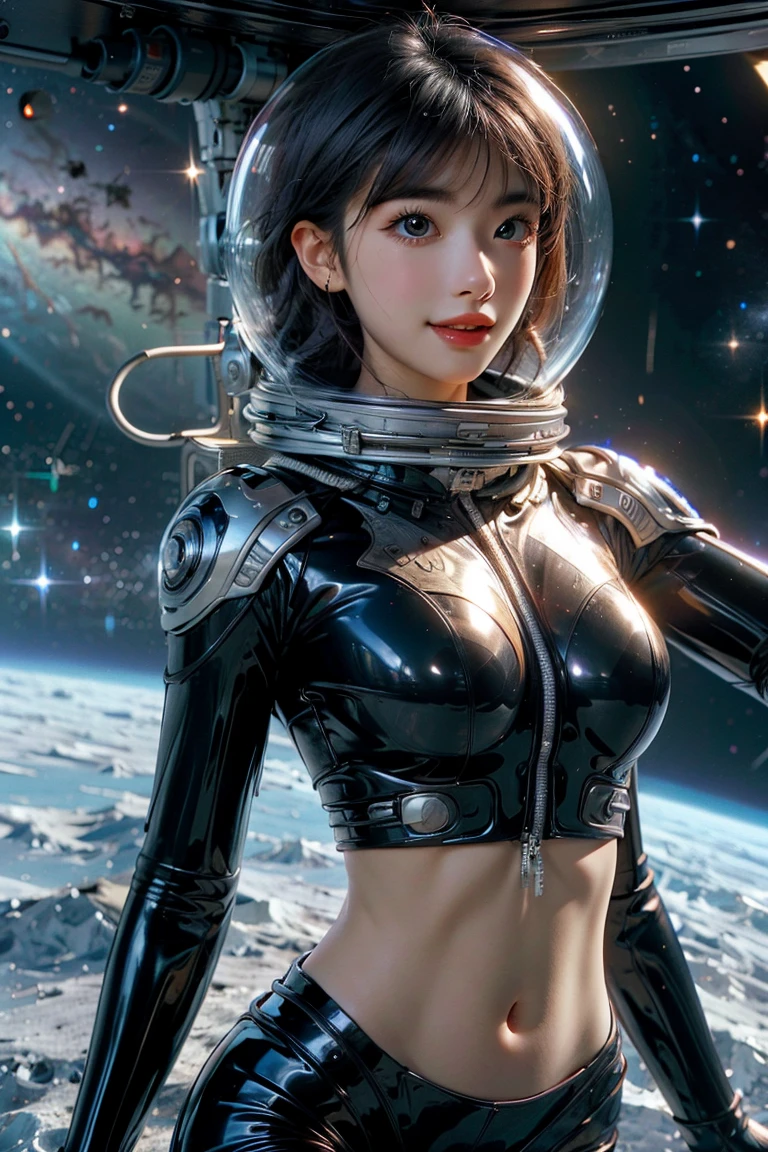 A girl wearing a spacesuit，Exposing sexy belly，Seven-point lens，Looking at the camera，Detailed facial features, beautiful eyes, Lips, and long eyelashes, Reality, 8K， Very detailed, Studio Lighting, Dramatic Lighting, Vibrant colors, work, Outer Space，Smiling