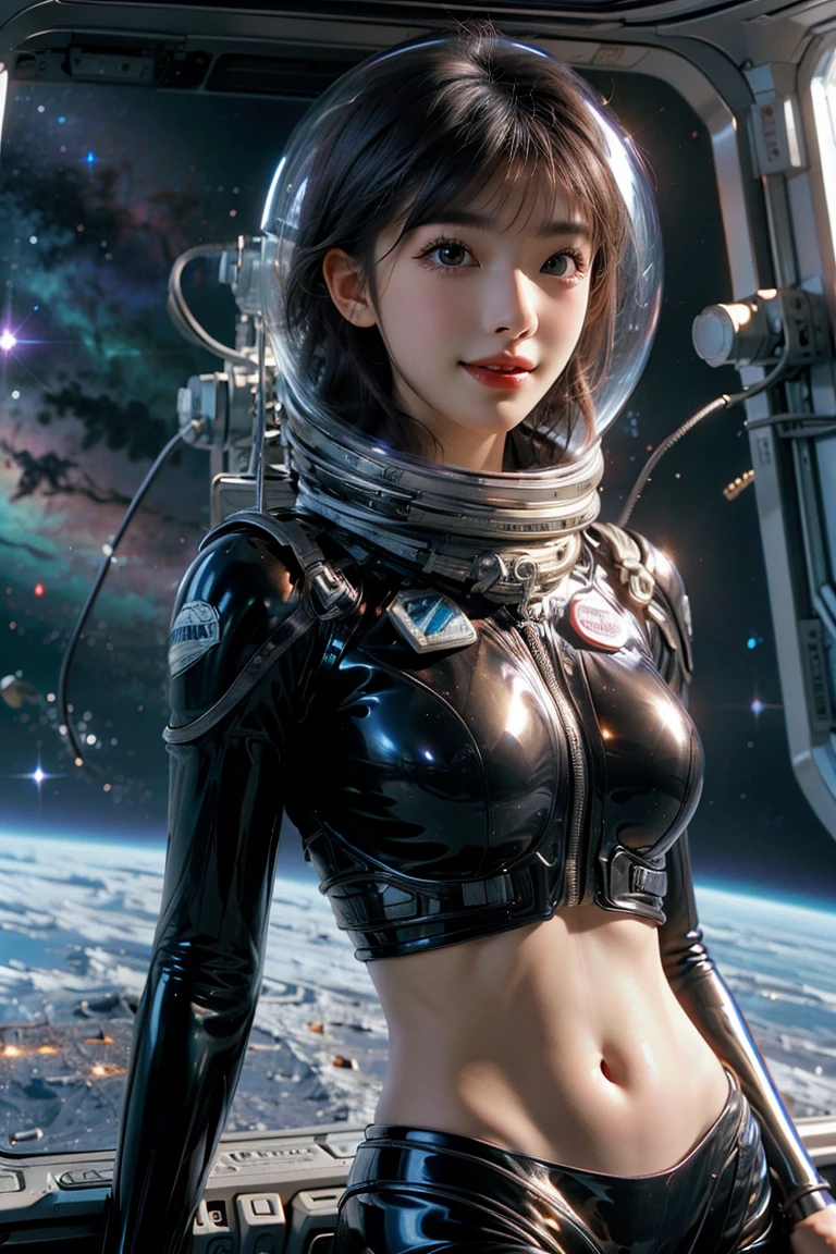 A girl wearing a spacesuit，Exposing sexy belly，Seven-point lens，Looking at the camera，Detailed facial features, beautiful eyes, Lips, and long eyelashes, Reality, 8K， Very detailed, Studio Lighting, Dramatic Lighting, Vibrant colors, work, Outer Space，Smiling