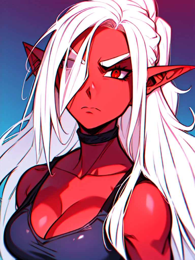 ((red skin)), ((in the artstyle of Dragon Ball Z), ((long ears)), ((curvy body)), ((ponytail hairstyle)), ((hair over one eye)), ((white hair)), ((red eyes)), ((serious expression)), (demonic clothing)), ((demon woman)), ((complementary colors)), ((mature female)), 1girl, beautifully drawn, high resolution illustration, best quality, High definition, ((detailed anime sketch)), Masterpiece, (solo), absurdres, portrait, ((upper body)), detailed background, fine detail, female focus, HDR,
